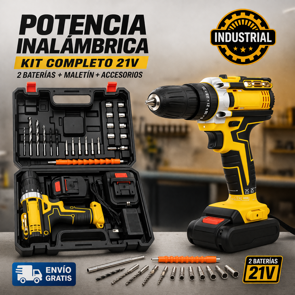 Taladro Inalámbrico -21V + 2 Baterías Potencia y libertad para reparar, montar y trabajar sin cables. - 2 baterías + maletín + accesorios 🔥
