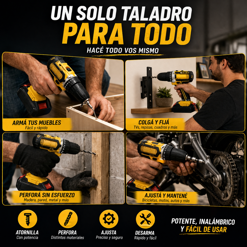 Taladro Inalámbrico -21V + 2 Baterías Potencia y libertad para reparar, montar y trabajar sin cables. - 2 baterías + maletín + accesorios 🔥