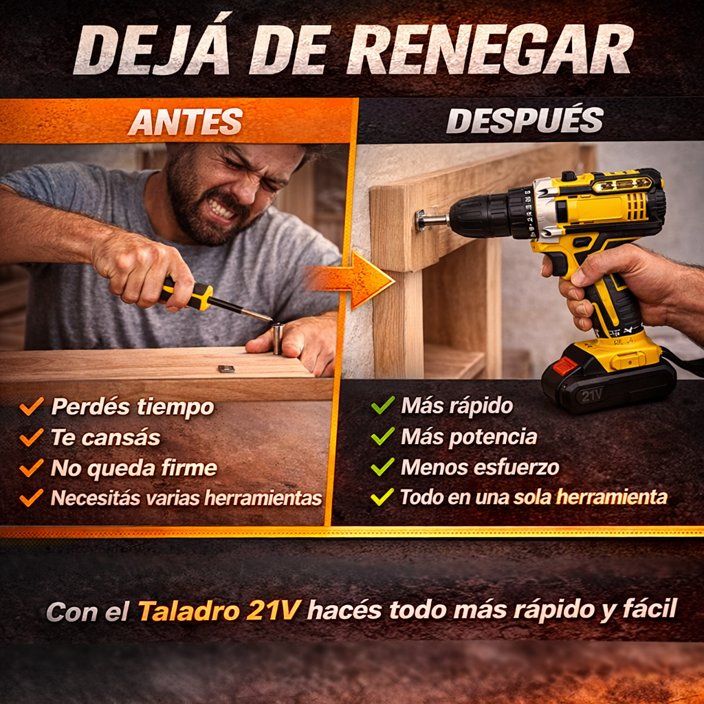 Taladro Inalámbrico -21V + 2 Baterías Potencia y libertad para reparar, montar y trabajar sin cables. - 2 baterías + maletín + accesorios 🔥