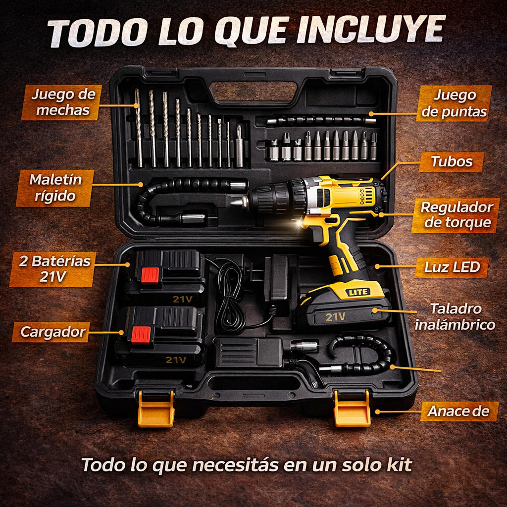 Taladro Inalámbrico -21V + 2 Baterías Potencia y libertad para reparar, montar y trabajar sin cables. - 2 baterías + maletín + accesorios 🔥